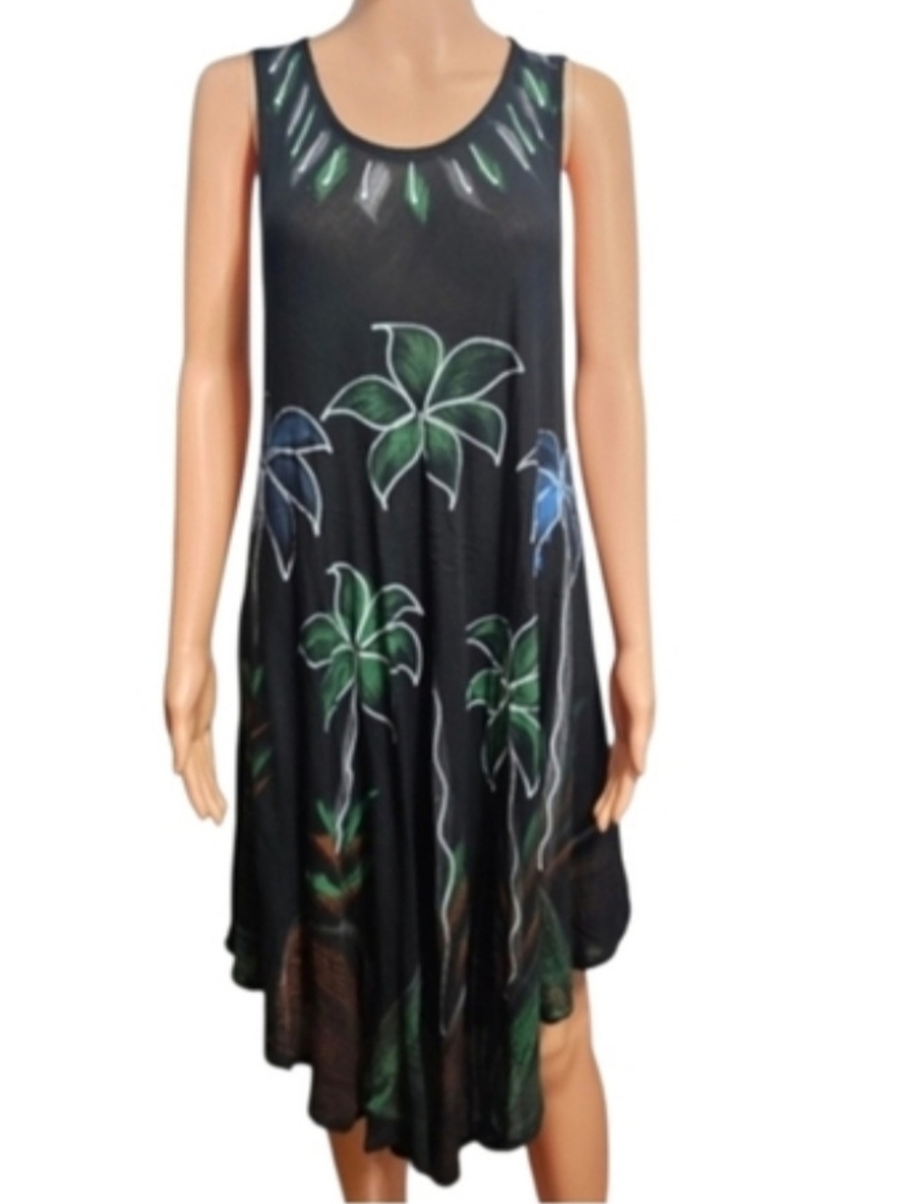 Sante Classics Rayon Black With Palm Tree Dress/Cover-Up Beach Vacation One Size